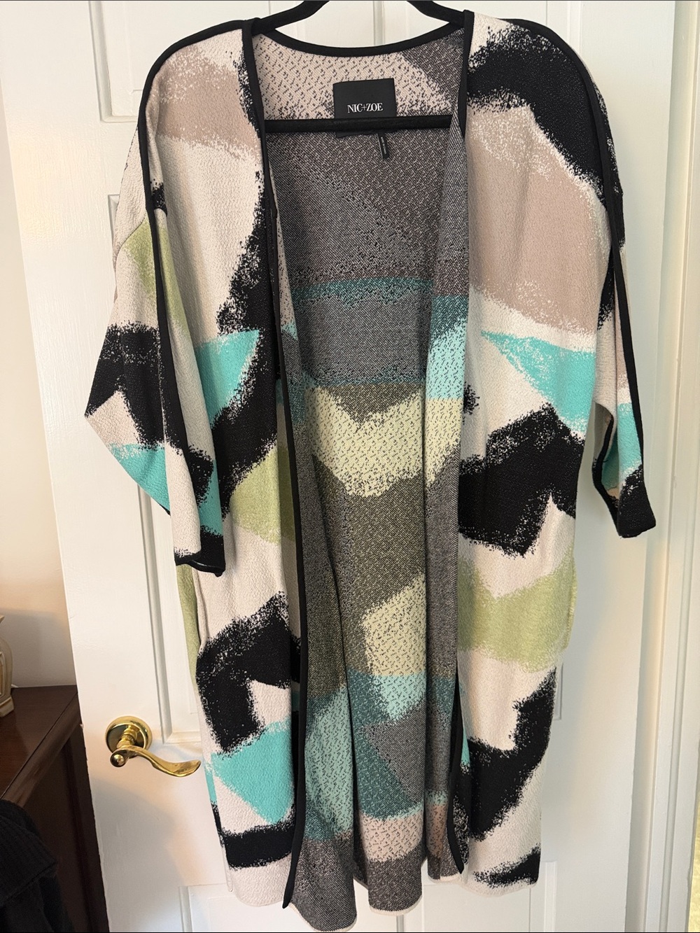 NIC+ZOE Open-Front Colorblock Duster Cardigan - Mint, Black, Cream